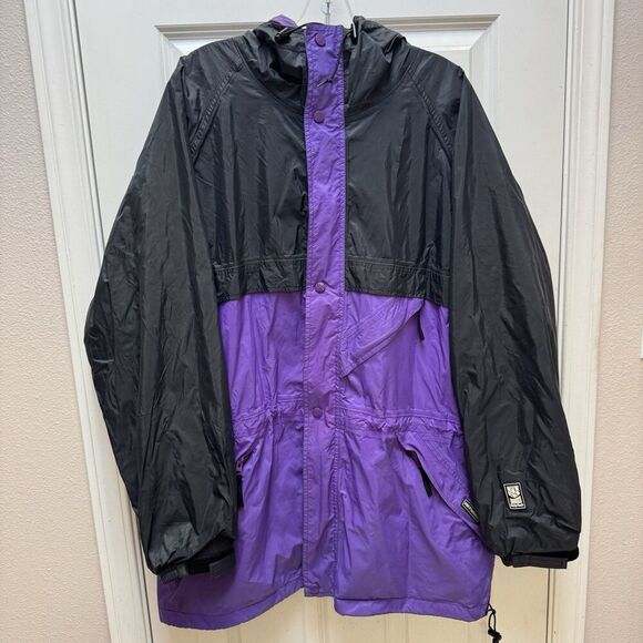 VTG Helly Hansen Men’s Packable Multi-Pocket Black Purple Rain Jacket Sz L - Picture 1 of 13